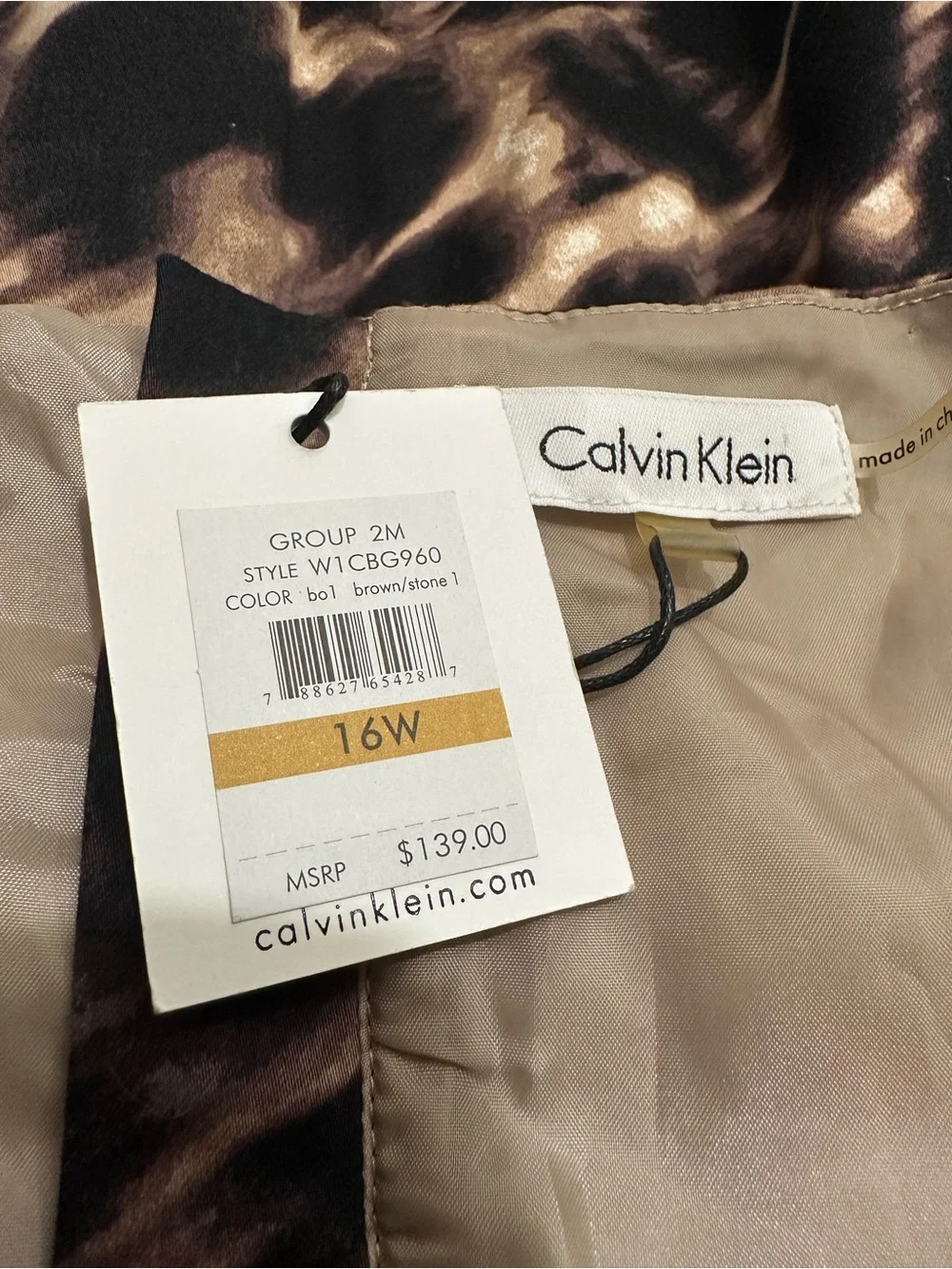 NWT Calvin Klein Sleeveless Sheath Dress in Brown/Stone Print Size 16W $139